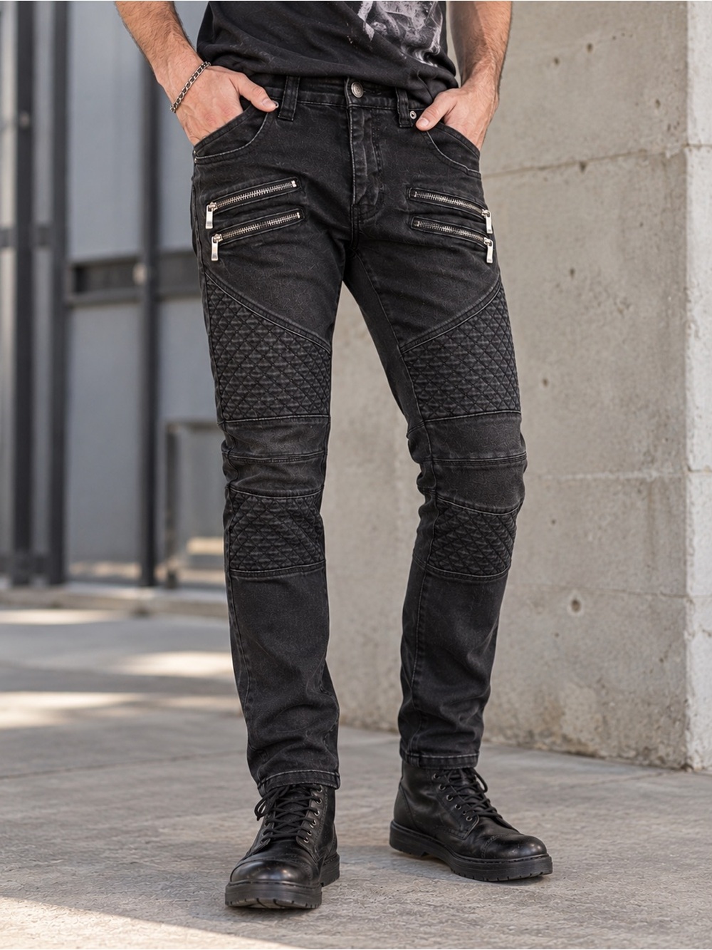 Victorious Black Moto Biker Skinny Jeans Quilted Zipper Punk Rock W29
